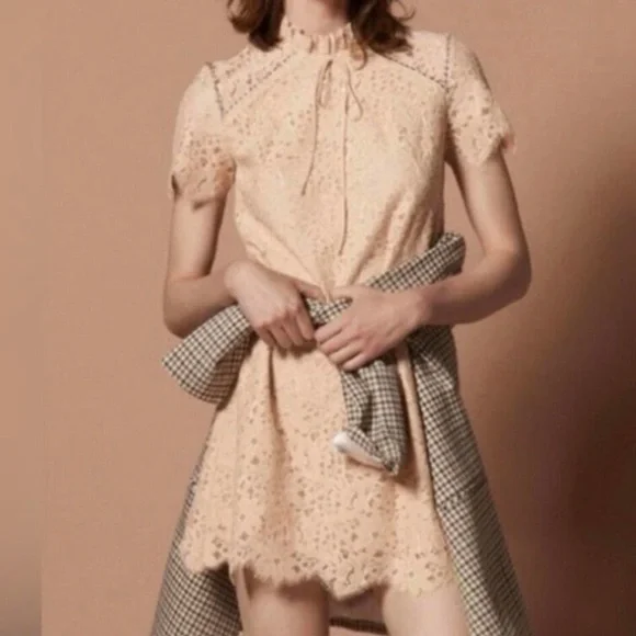 Sandro Peach High Neck Lace Rhinestones Cocktail Mini Dress size 40/ US4 - Picture 1 of 16